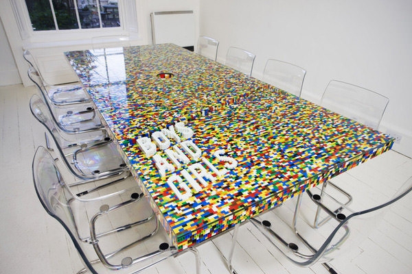 LEGO table, built from 22,742 multi-colored cubes. No glue. Great idea for a modern interior.