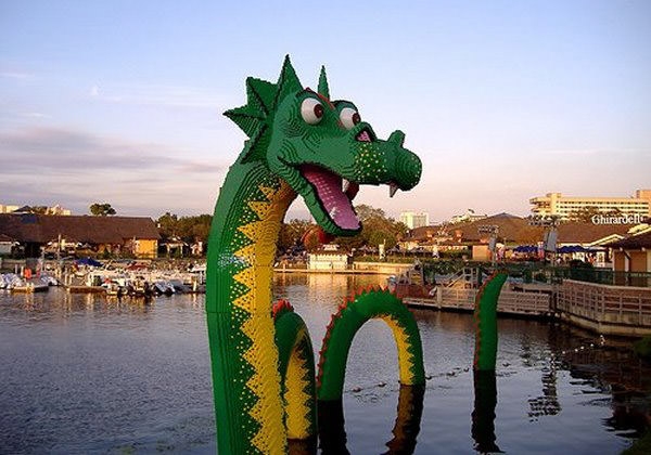 Lego dragon next to the Lego store in Disneyland Florida.